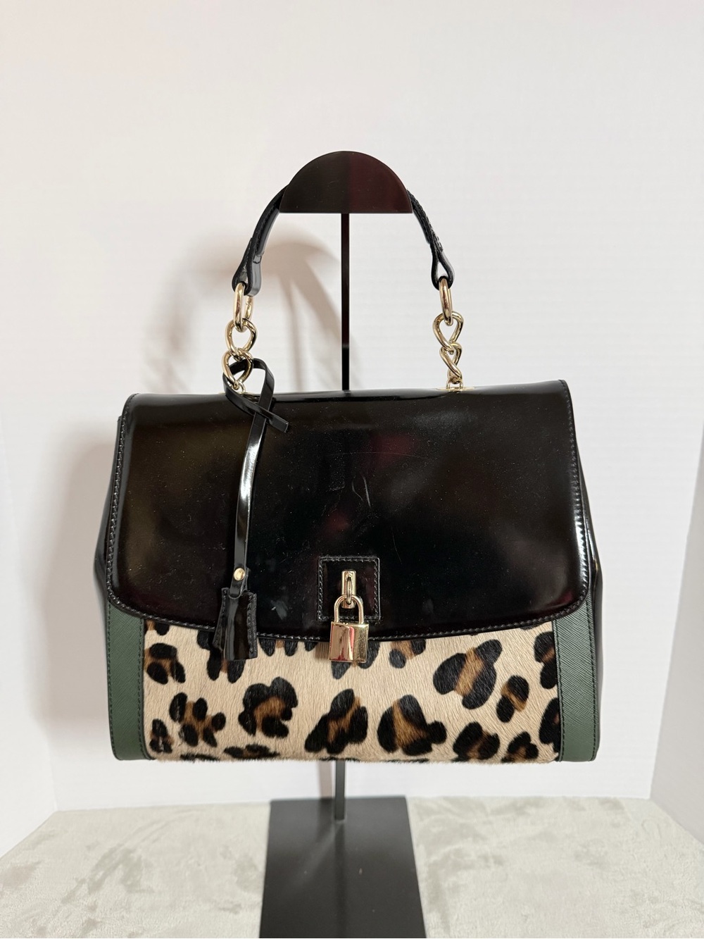 Black and Leopard Satchel Handbag - Women